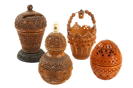Four Small Carved Wood Items with Stanhopes