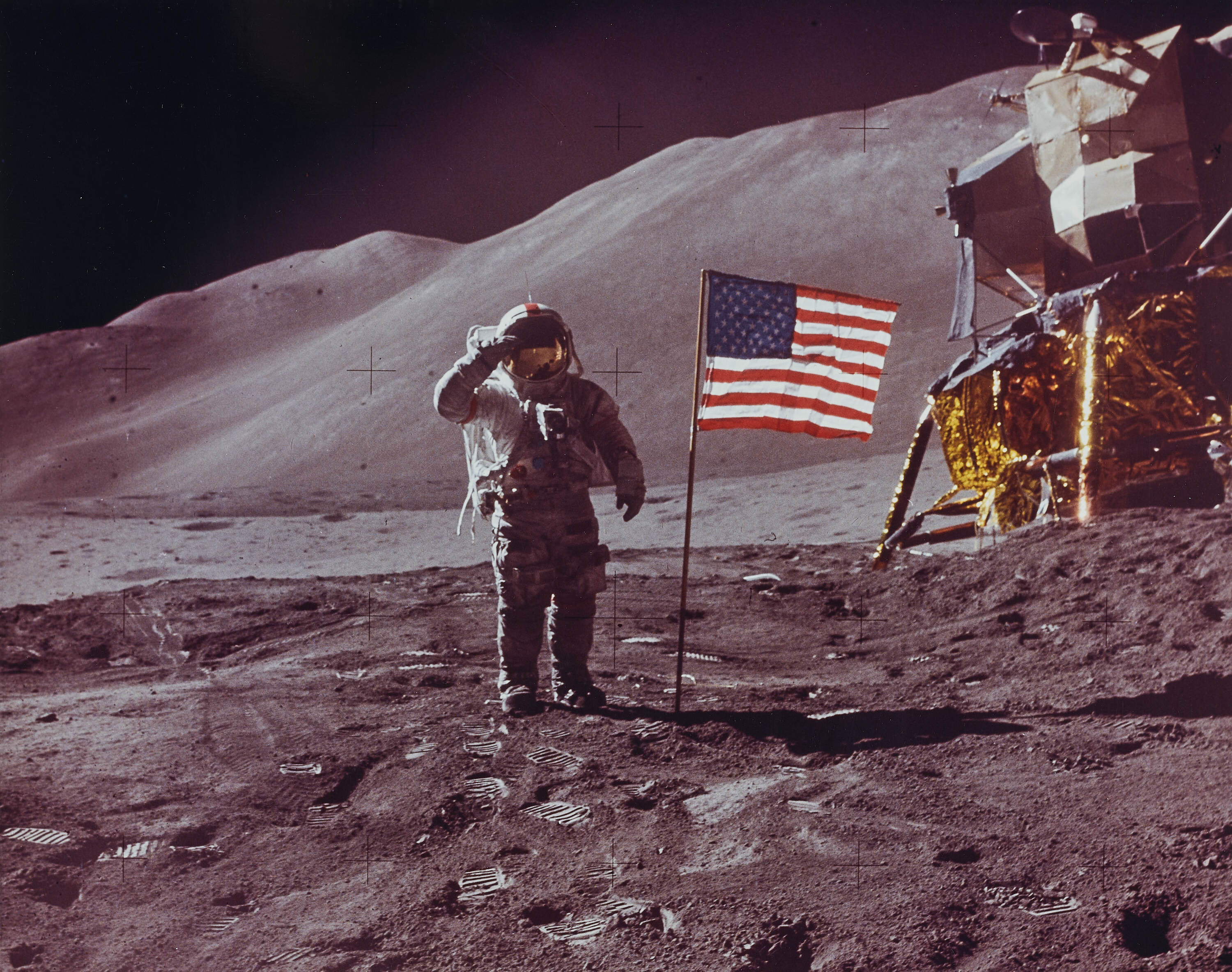 NASA APOLLO 15 - Astronaut David R. Scott saluting beside the U.S. flag, August 11th 1971